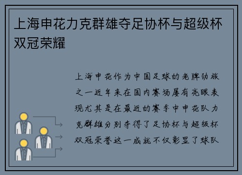 上海申花力克群雄夺足协杯与超级杯双冠荣耀
